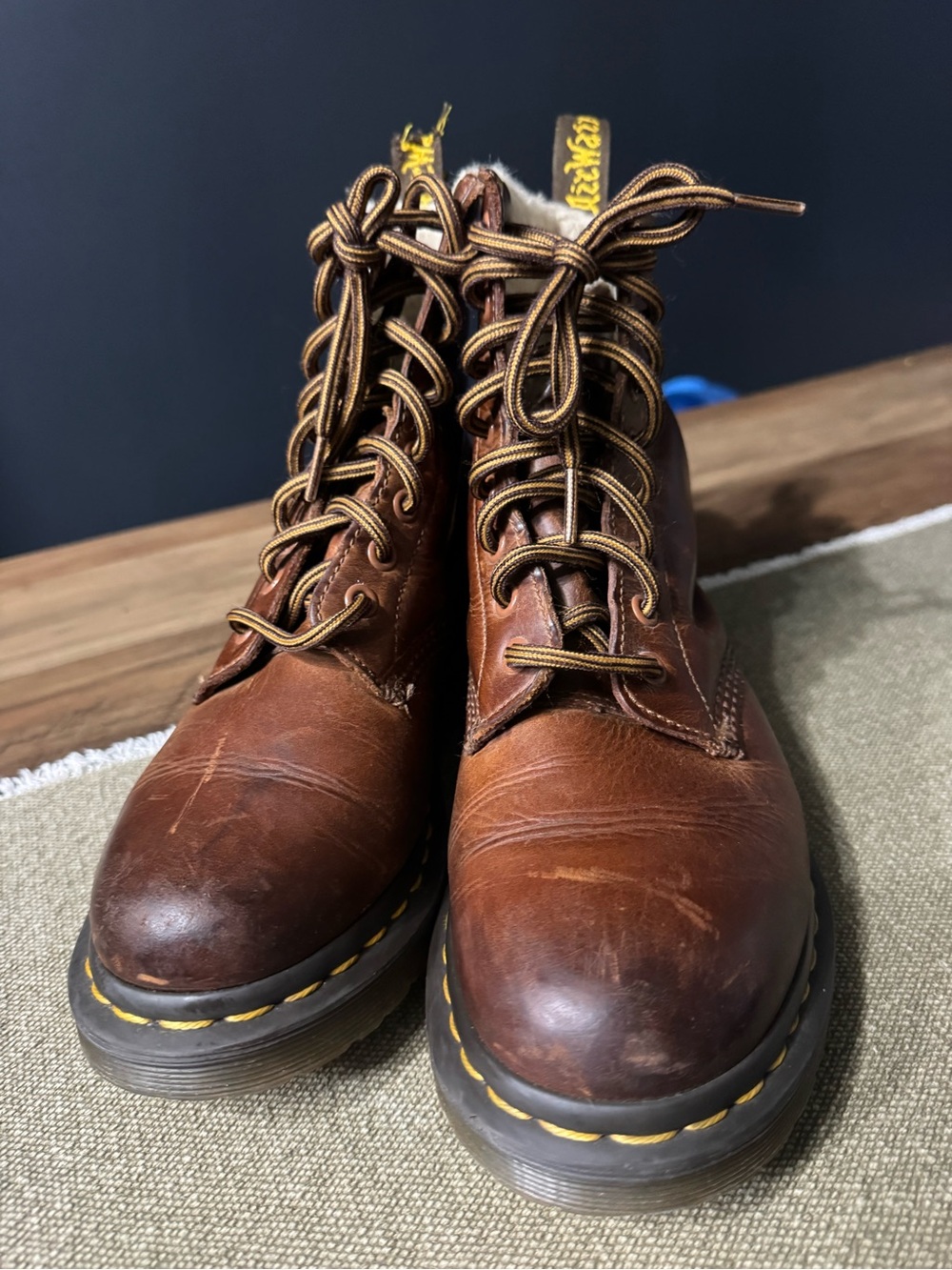 Dr. Martens Brown Leather Shearling-Lined Lace-Up Boots with Yellow Pull Tabs - Picture 2 of 5